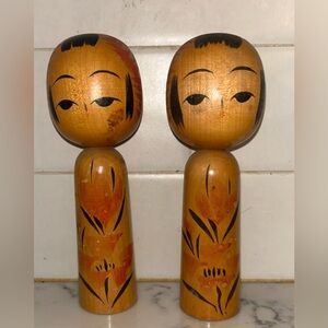 2 Vintage Traditional Japanese Kokeshi Wooden Dolls, 6” Alyssa And Hannah